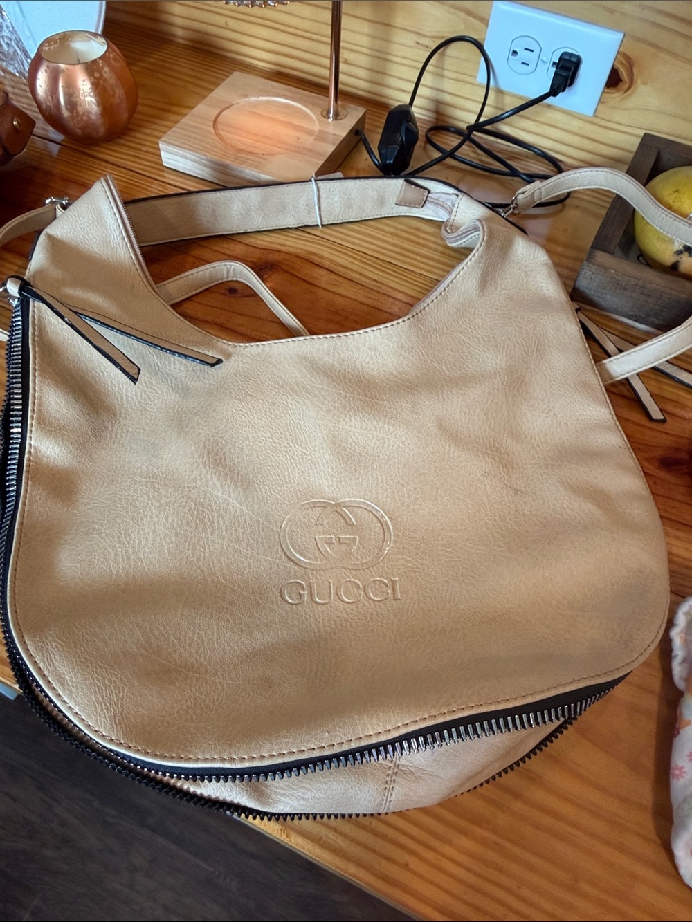Fucci Tan Leather Shoulder Bag with Embossed Logo